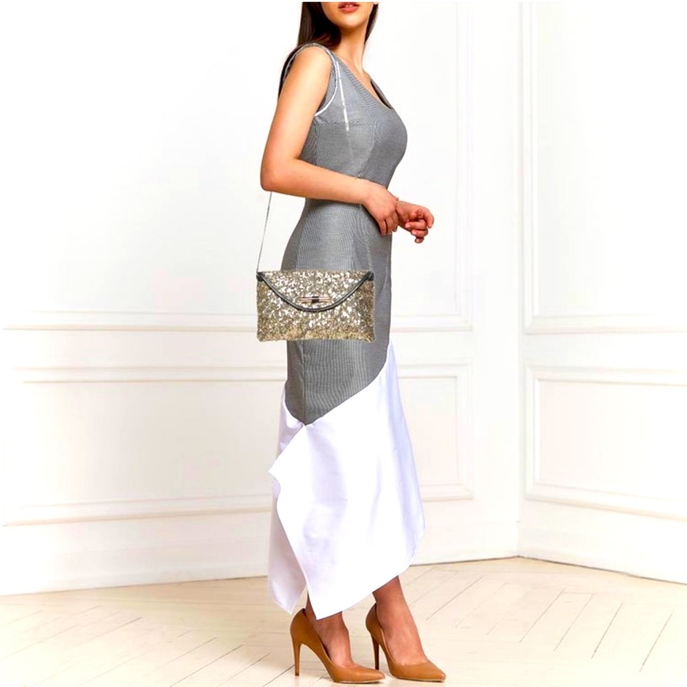 Jimmy Choo Gold/Black Sequin Leather Chain Clutch - 100% Authentic